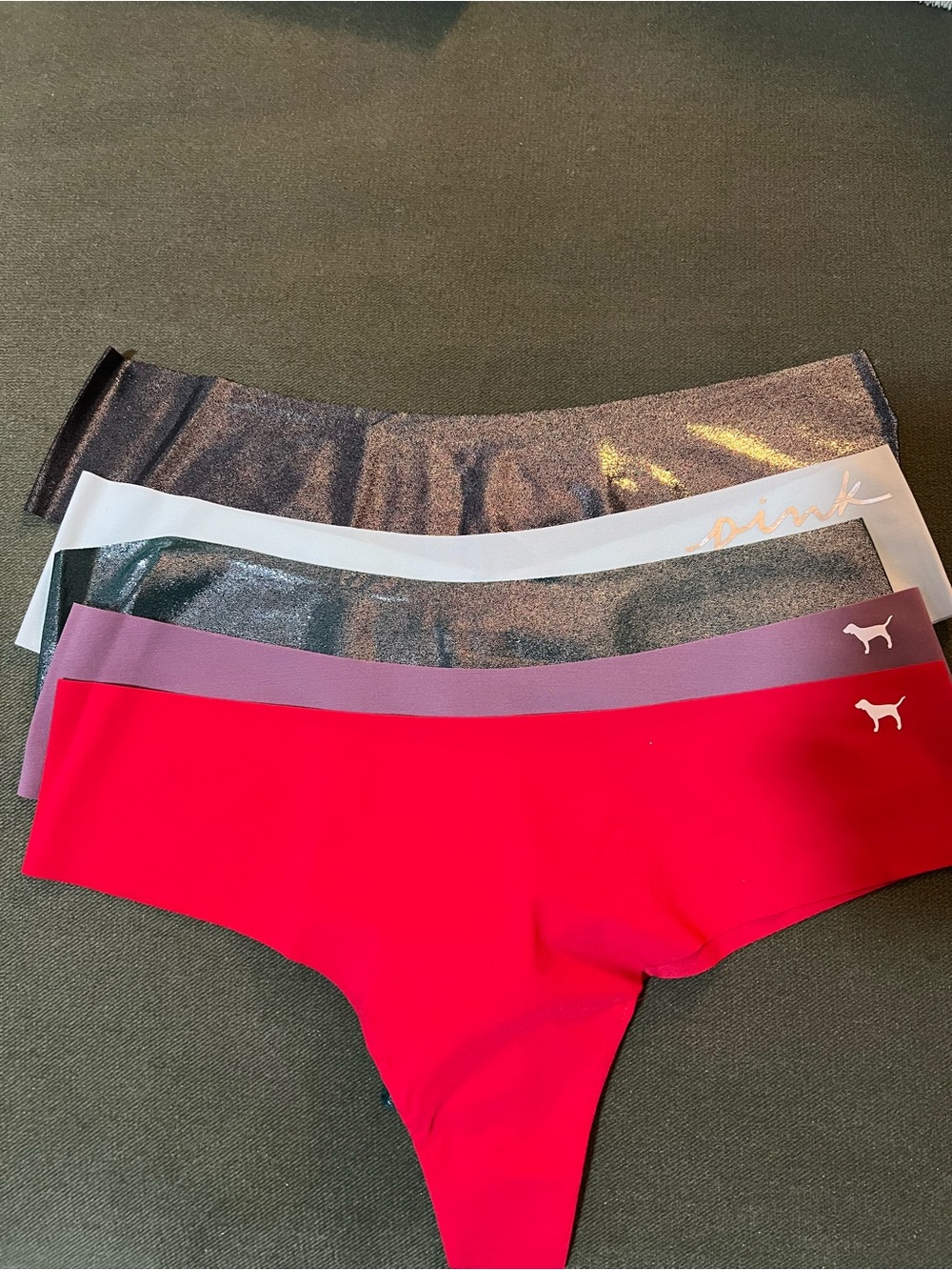 Victoria's Secret Pink Red Thong Pack with Gray, White, and Metallic